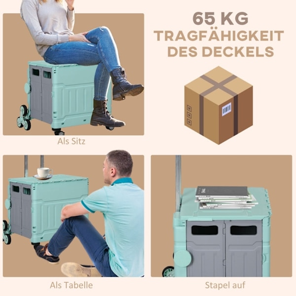 Rootz foldbar indkøbskurv Trappeklatrehjul - Teleskophåndtag - Letvægtsdesign - 51L Volumen - Grøn - 52cm x 48cm x 100cm