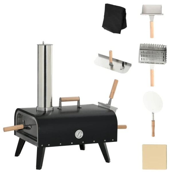 Rootz-pizzauuni - Puulämmitteinen uuni - 1 pizzakuori - Säänkestävä - 1 pizzakivi - Liukumattomat matot - Ruostumaton teräs - Musta - 81 x 40 x 72 cm
