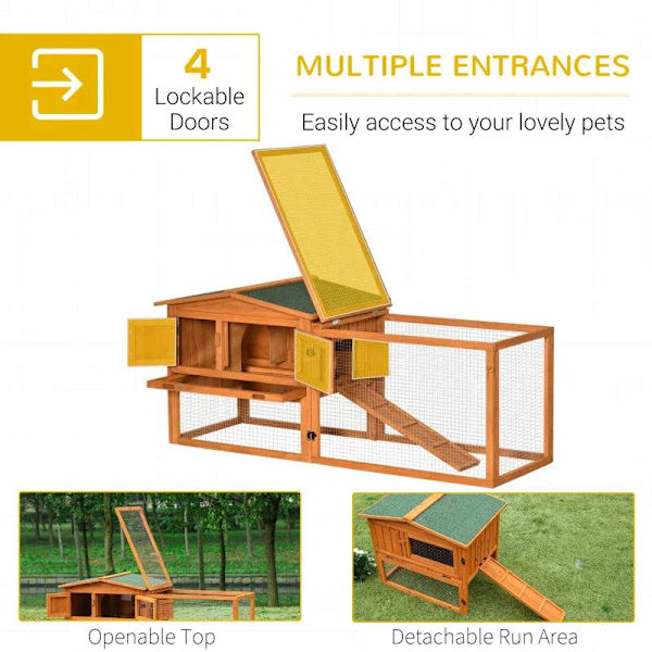 Rootz Small Animal Hutch - Rabbit Hutch - Rabbit Hutch And Run - Bunny Cage - Marsvinshus i trä - Med skjutbricka - Granträ - Gyllene röd - 156 x 58 x