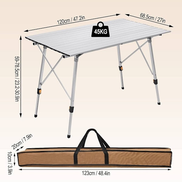 Rootz campingbord i aluminium - Bärbart fällbart bord - Justerbart utomhusbord - Robust, väderbeständig, lätt - 68,5 cm x 59-78,5 cm x 120 cm