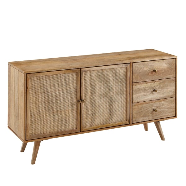 Rootz design skænk 140x75x40 cm massivt mangotræ - 3-skuffers kommode - Høj kommode af massivt træ - Stående skab stue - 2 dørrum