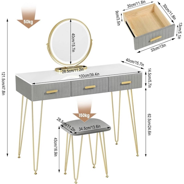 Rootz Sminkbord med spegel - Sminkbord - Sminkbord - LED-belysning - E1 MDF - 100 cm x 121,5 cm x 40 cm