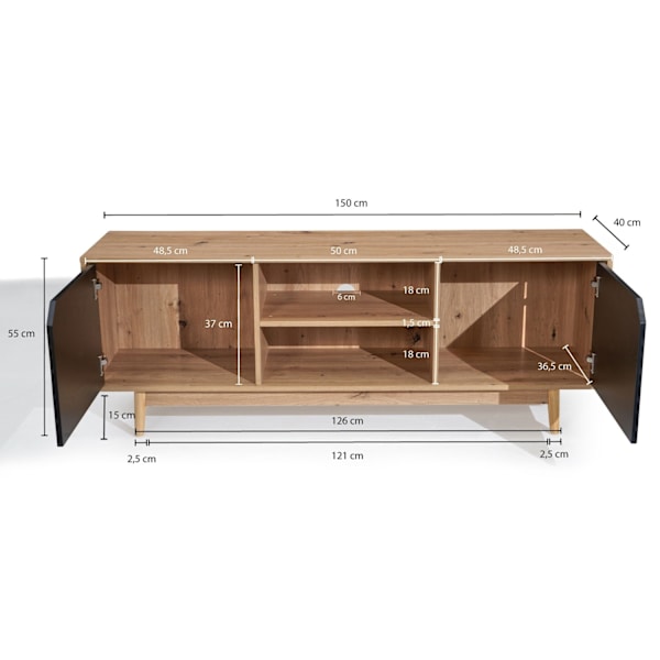Rootz Lowboard 150 cm TV-skab - Underholdningsenhed - Mediekonsol - Moderne design - Kontrasterende farver - Rummelig opbevaring - 150 cm x 55 cm x 40