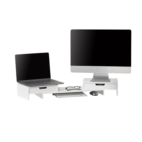 Rootz Justerbart Bamboo Monitor Stativ - Dual Monitor Riser - Skrivbordsorganisator med lådor - Vridbara sidor - Kabelhantering - Nacksmärta - 60-107c