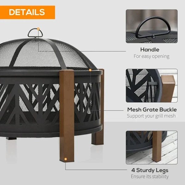 Rootz 2-i-1 Ildsted - Ildsted med gnistbeskyttelse - Ildsted med grillmad - Grillrist - Have - BBQ - Sort/Brun - Ф78 x 60H cm