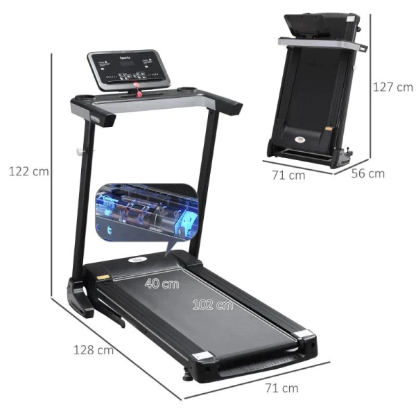 Rootz Løbebånd - Elektrisk Løbebånd - Sammenfoldelig Løbebånd Med 12 Programmer Og Mobiltelefon Holder - Stål - Sort - 71 x 128 x 122 cm