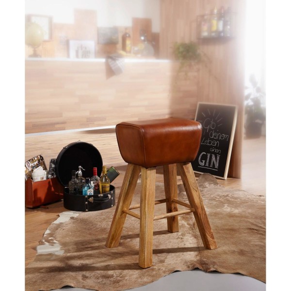 Rootz Barpall - Turnbok Model - Läder Barpall - Brun - Massivt trä - Mangoträ - 43 x 43 x 75 cm