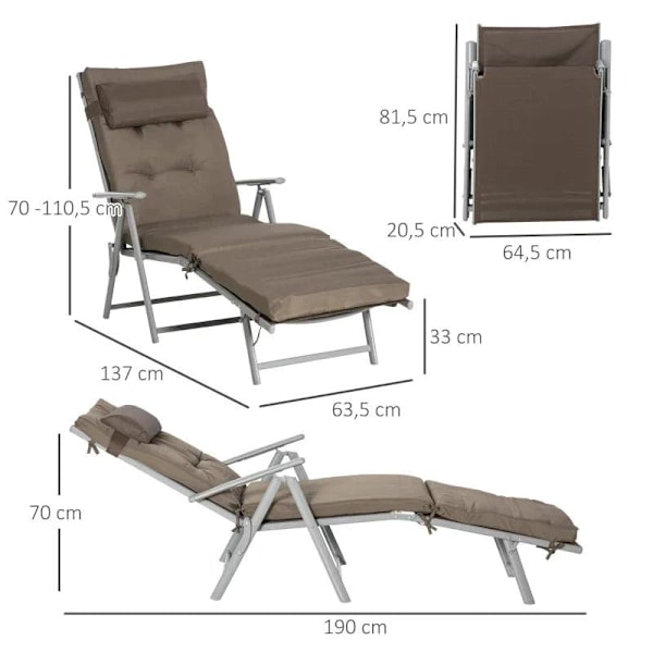 Rootz Trädgårdssäng - Solstol - Strandsäng - Fällbar - Justerbar - Med dyna - Metall/Tyg - Brun/Silver - 137 x 63,5 x 100,5 cm