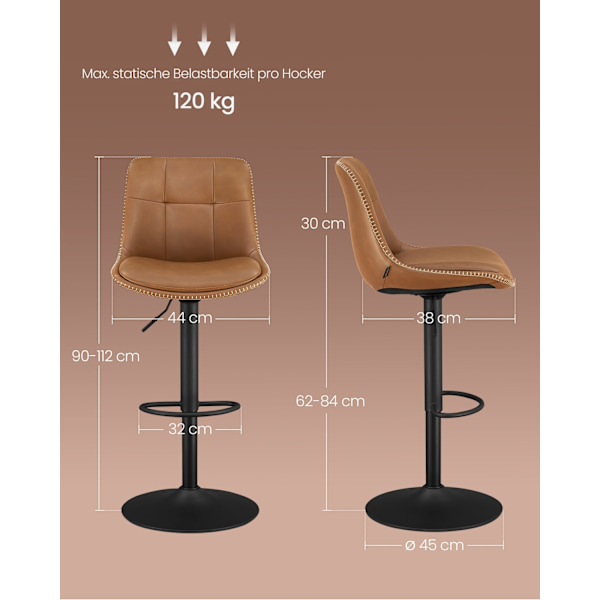 Rootz 2-delt sæt barstole - Køkkenskamler - Stole i modhøjde - PU-materiale - Forkromet stål - Skumpolstring - 44 cm x 48 cm x (90-112) cm - Karamelbr