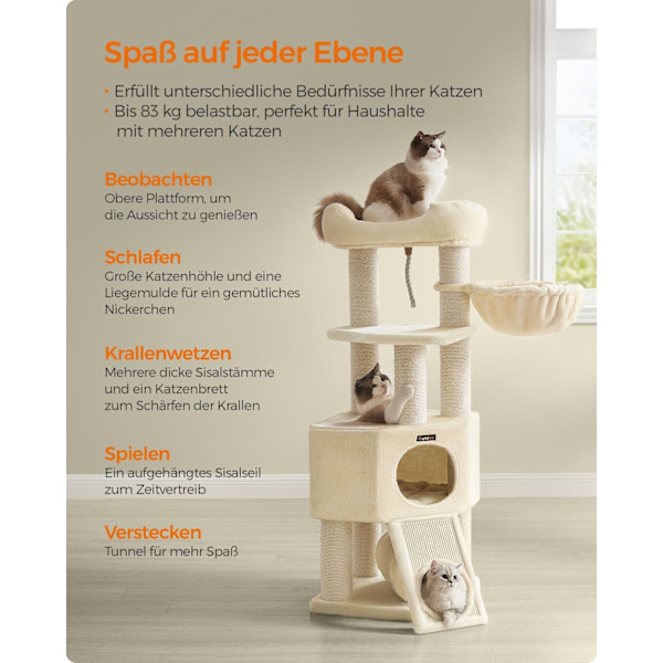 Rootz Cat Tree Tower - Kissakiipeilijä - Raaputustolppa - Lastulevyrakenne - Pehmopinnoite - Sisalköysi - 50cm x 50cm x 141cm