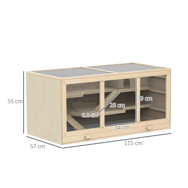 Rootz hamsterbur - syrisk hamster - musrotter - mus gnavere - smådyr hytte - naturlig træfarve - 115Lx60Bx58H cm