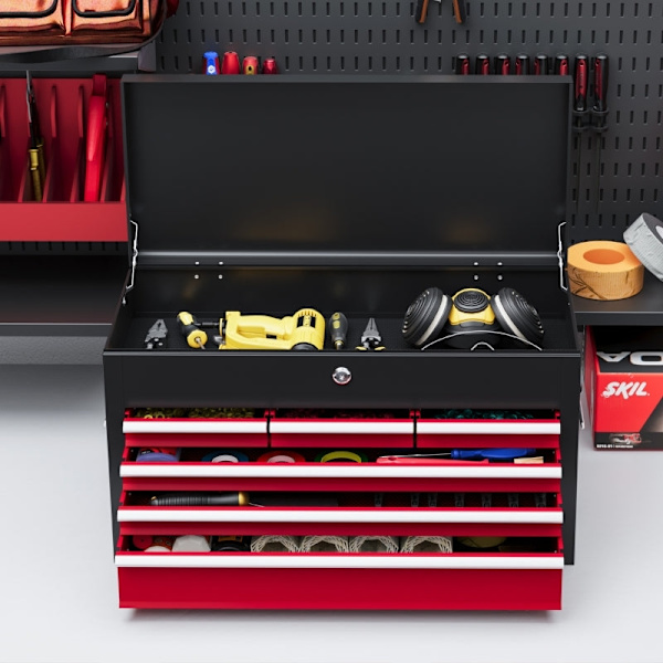 Rootz Tool Box - Låsbar förvaring - 3 lådor Organizer - Slitstarkt stål - Effektiv verktygshantering - 60cm x 26cm x 34cm - Röd+svart