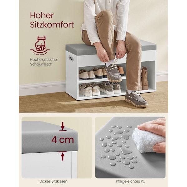 Rootz skostativbænk - Opbevaringsbænk - Skobeholder - Spånplademateriale - 30 cm x 80 cm x 44 cm - Cloud White - 150 kg Kapacitet