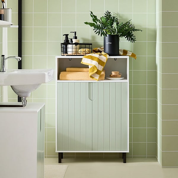 Rootz moderne badeværelses kommode med 2 døre - Skænk - Entreskab - Justerbar hylde - Stor opbevaringsplads - Vandtætte metalben - Hvid-grøn - 60 cm x