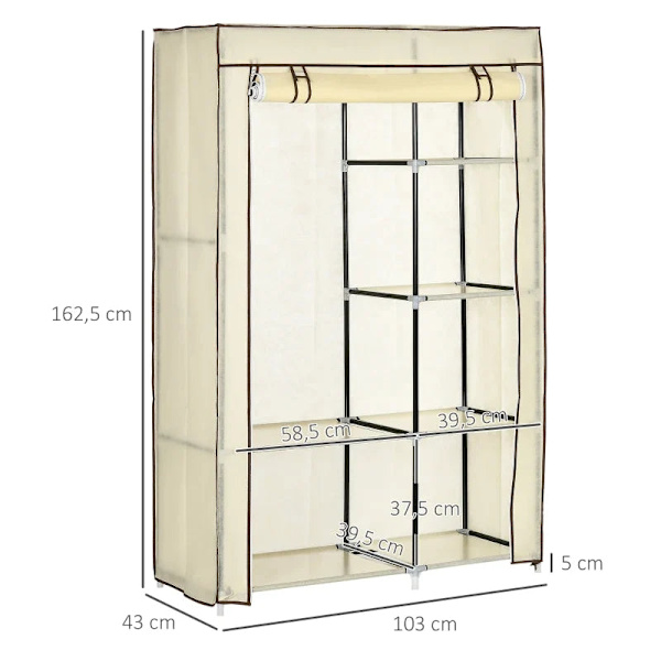 Rootz Stofgarderobe - Skab - Soveværelse - Ikke-vævet stof - Opbevaringsløsning - Plastforbindelser - 6 hylder - 1 tøj - Creme - 103L x 43W x 162,5H c