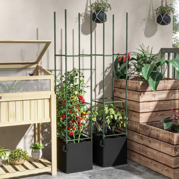 Rootz Planters - Spaljé - Set med 2 påse - Justerbara nivåer - Rostfritt stål - Filt - Plast - Grön - 33L x 33W x 180H cm