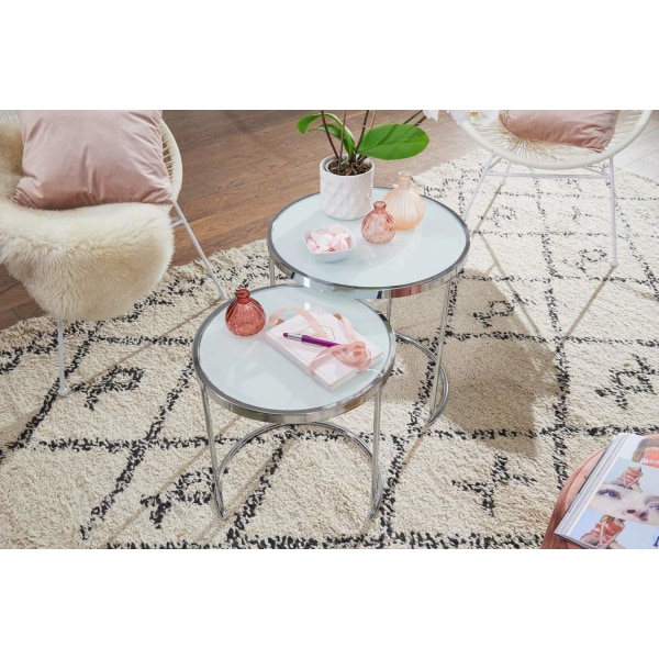 Rootz design sidobord runt Ø 50-42 cm - 2 st vit silver med glasskiva - Vardagsbord set om 2 - Nesting bord mjölkglas - soffbord