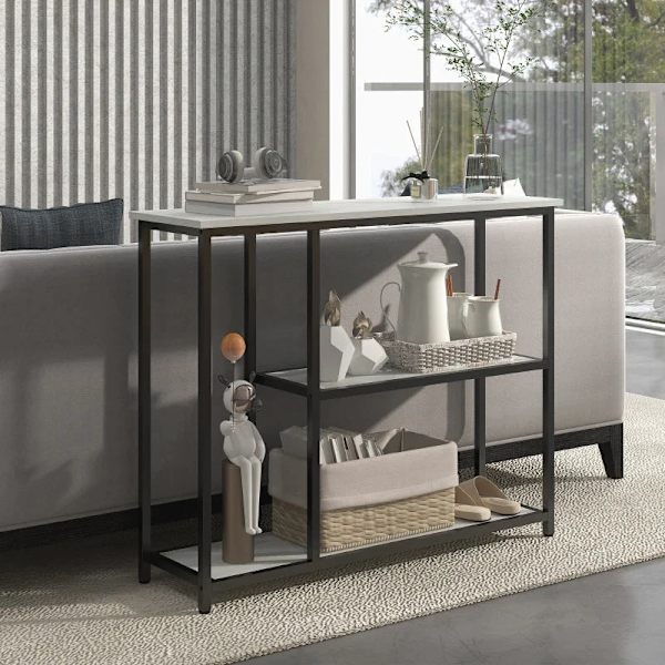 Rootz konsolbord - Industriell design - Elegant fuskmarmor - 2 hyllor - Marmoreffekt - Robust stålstomme - Svart + Vit - 100L x 30W x 80H cm