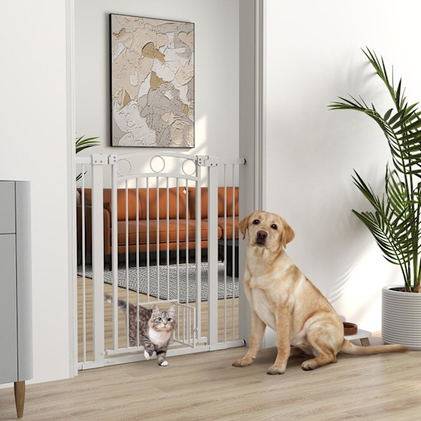 Rootz Justerbar Pet Gate - Stair Gate - Dog Gate - Secure Locking - 76-104W x 106H CM - Inkluderer kattedør