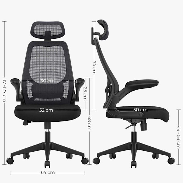 Rootz Kontorstol - Spillestol - Skrivebordsstol - Arbejdsstol - Computerstol - Rullestol - Kontorsæde - Sort - 64 x 62 x (117-127) cm