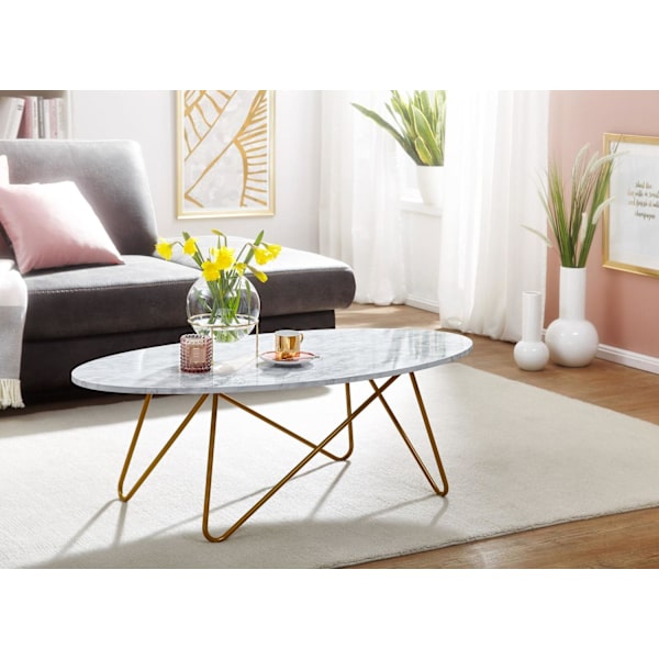 Rootz soffbord 120x40x60 cm med marmorlook vit - Vardagsbord med metallstomme - Soffbord ovalt bord vardagsrum - Loungebord