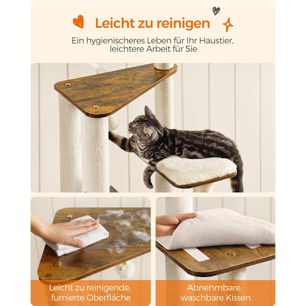 FEANDREA Vintage Brown Cat Tree Skrapstolpe - Cat Tower - Cat Condo - Spånskiva - Plysch - Sisal - 58cm x 40cm x 165cm