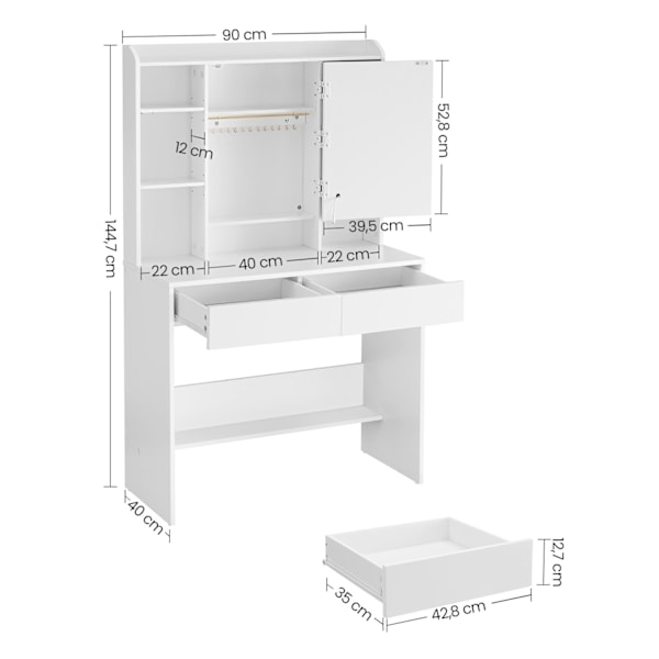 Rootz White Toiletbord - Spånplader - Makeup Skrivebord - Opbevaringsorganer - 40 cm x 90 cm x 144,7 cm - 31,6 kg - 100 kg Belastningskapacitet