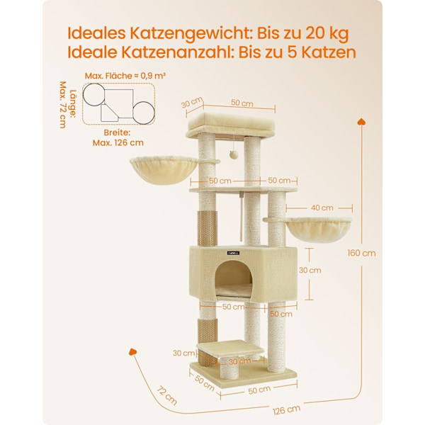 Rootz Cat Tree Tower - Skrapstolpe - Cat Scratcher - Spånskiva plysch - Idealisk för flera katter - 50 cm x 50 cm x 160 cm