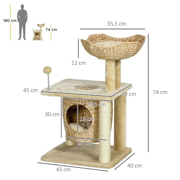 Rootz Cozy Chic Cat Tree - Elegant Feline Tower - Flettet Reed Coaching - Plysbelægninger - Kradsestolper - Sisal - 45cm x 40cm x 74cm