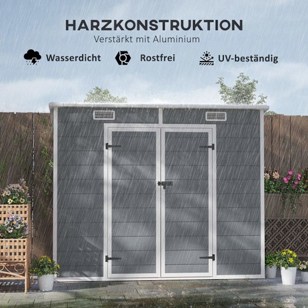 Rootz 2,4 x 1,3 metrin puutarhatalo - Shed - Storage Unit - sää- ja UV -kestävät - 238 cm x 125 cm x 165/183 cm - harmaa