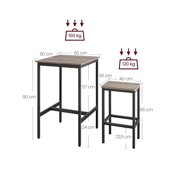 Rootz barbordsset - Greige fläckigt bläck svart - spånskiva stål - bistro pallar - hög lastkapacitet - 60 cm x 60 cm x 90 cm