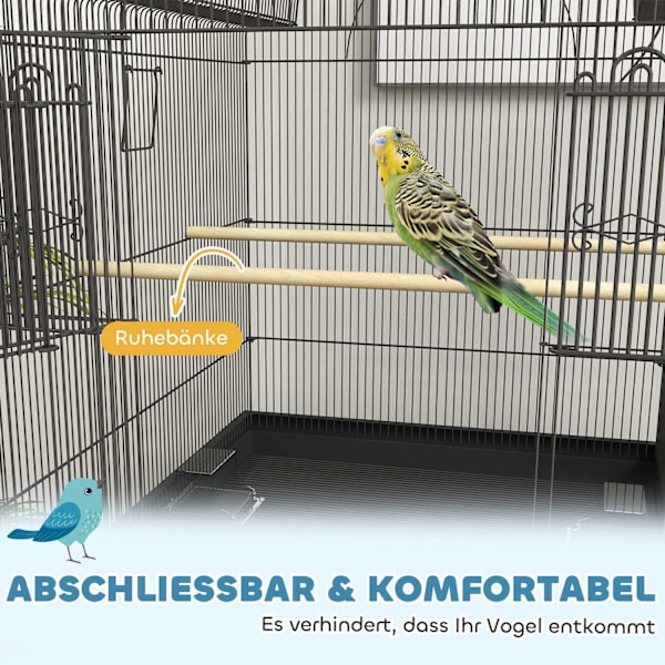 Rootz Mobile Bird Cage - Kanarian ja budgie -elinympäristö - Kestävä metalliverkko - Sileä liikkuvuus - 63 cm x 53cm x 144 cm