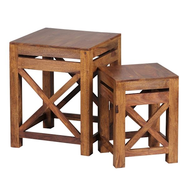 Rootz set med 2 sidobord i massivt trä sheesham vardagsrumsbord design mörkbrunt soffbord i lantlig stil