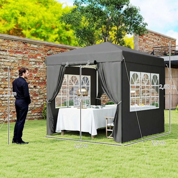 Rootz Pop Up Gazebo - Garden Tent - Outdoor Pavilion - UPF50+ UV -beskyttelse - mørkegrå - 250L x 250W x 268H cm