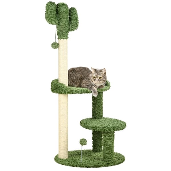 Rootz PawHut Kattetræ - Kaktusdesign - Kattekradsestolpe - Katteaktivitetscenter - Holdbar spånplade - Blødt stofbetræk - 2 legebolde - 49 cm Base x 1