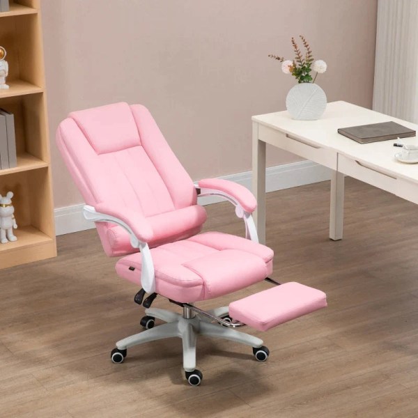 Rootz kontorstol med fodstøtte - Justerbart ryglæn - Højdejusterbart - 5 hjul - Kunstlæder - Pink + Hvid - 65cm x 68cm x 116cm