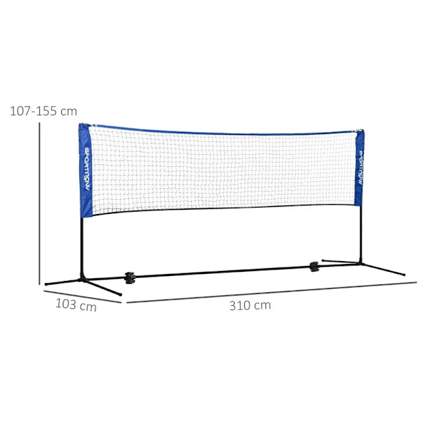 Rootz Badmintonnet med stativ - Højdejusterbar - Foldbar - Med bæretaske - Oxford Polyester - Sort + Blå - 310L x 103W x 107-155H cm