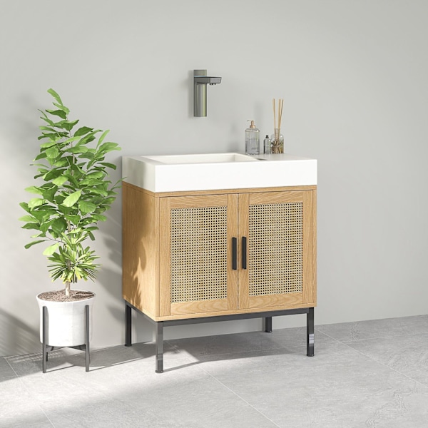 Rootz badeværelse skab - Boho Design - Sink Storage Unit - Rattan Elements - Passer under vask - Brun - 60x39x60 cm