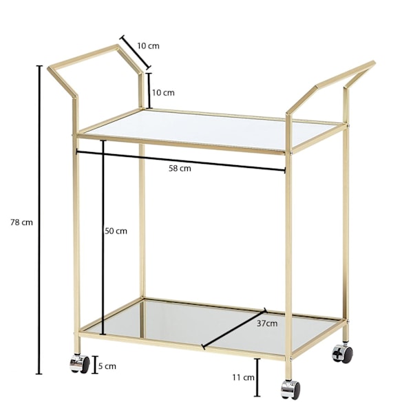 Rootz design serveringsvagn guld 73x78x37 cm köksvagn glas - metall - Mobilt sidobord - Matvagn med glasskiva - Minibar tevagn på 4 hjul