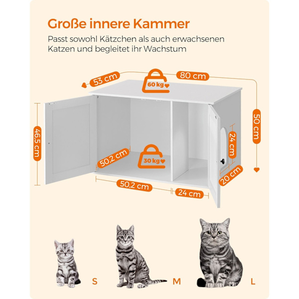 Rootz White Cat kattebakke - Kitty Toilet - Træspånplade - MDF - Stor opbevaring - Nem montering - 80cm x 53cm x 50cm