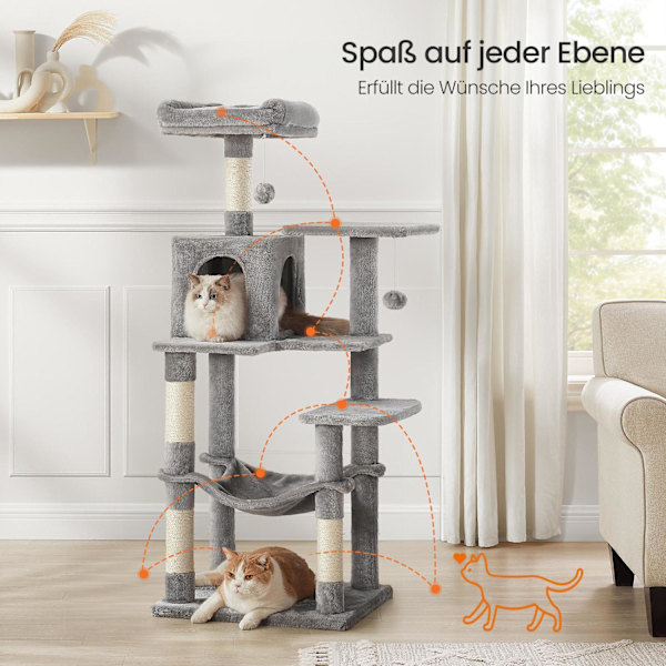 Rootz Cat Scratching Post - Cat Tree - Kitty Tower - Plush Cover - 143 cm High - Cuddly Cave - Relaxation Platform