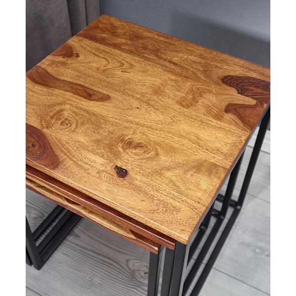 Rootz redeborde sæt med 3 Sheesham massivt træ - metal sidebord firkantet moderne - Design sofabord 3 dele - Stueborde sparer plads - Træbord redebord