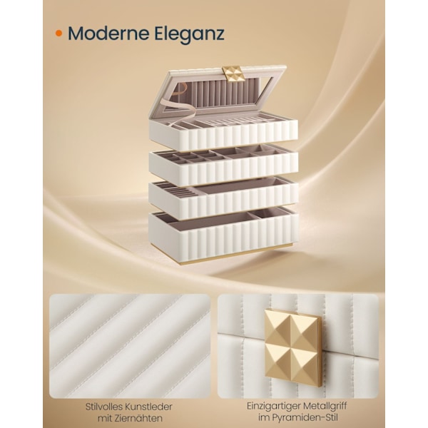 Rootz smyckeskrin med spegel - Organizerfodral - 4-vånings - Molnvit - 17 cm x 28 cm x 20,5 cm - PU syntetiskt läder - MDF - Modern stil