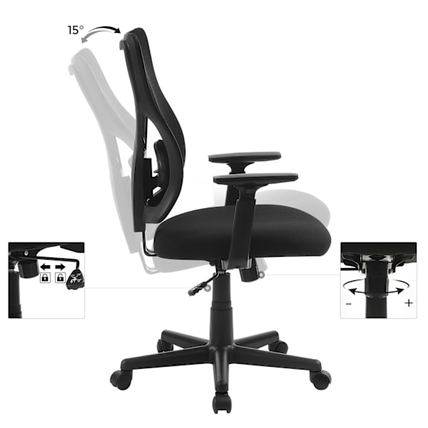 Rootz Ergonomisk kontorstol - Justerbare armlæn - Vippefunktion - Åndbart mesh - Bæreevne 120 kg - Sort