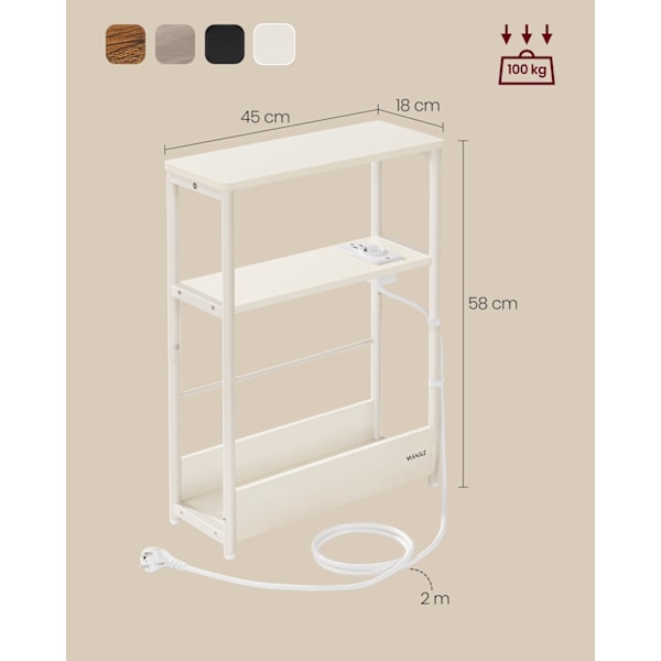 Rootz sengebord med stikkontakt - Natbord - Endebord - Spånpladestål - Kabelhåndtering - Nem montering - Cremehvid - 18cm x 45cm x 58cm