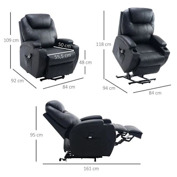 Rootz ståstol - TV-lænestol - Hvilestol - Justerbar vinkel - Fjernbetjening - Imiteret læder - Metalstel - Sort - 84 x 92 x 109 cm