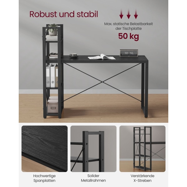 Rootz Ebony Black Skrivebord - Studiebord - Skrivebord - Spånplade og stål - Stor overflade - Nem montering - Robust konstruktion - 56cm x 137cm x 120