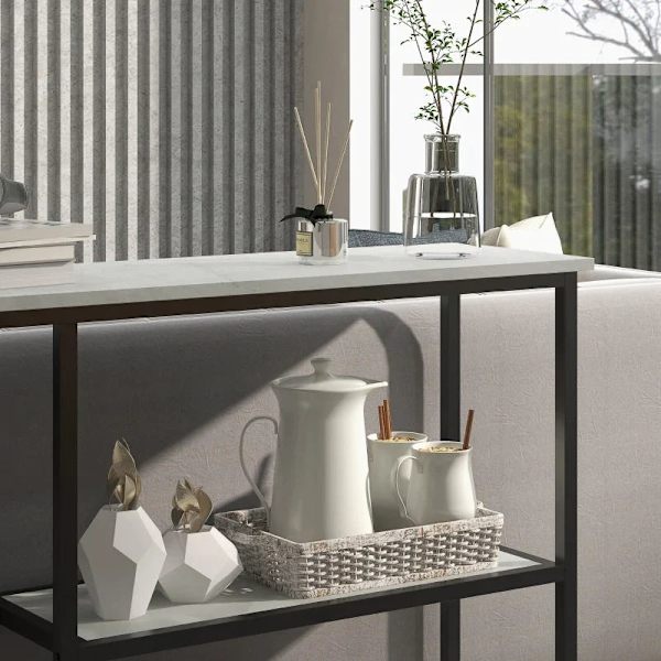 Rootz konsolbord - Industriell design - Elegant fuskmarmor - 2 hyllor - Marmoreffekt - Robust stålstomme - Svart + Vit - 100L x 30W x 80H cm