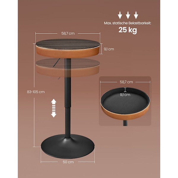 Rootz Bar Table - Pub Bord - High Top Bord - Stilfuld finish - 58,7 cm x 58,7 cm x (83-105) cm - Stålramme - PU læder - Spånplade