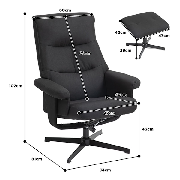 Rootz Reclining Chair with Pall Set - Swivel Seat - Rocker Function - Velvet Look, 135 ° Justera - 74W x 81d x 102h cm, svart